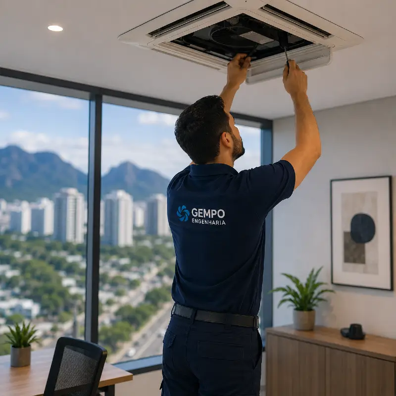 Técnico da Gempo realizando manutenção em ar-condicionado cassete em escritório