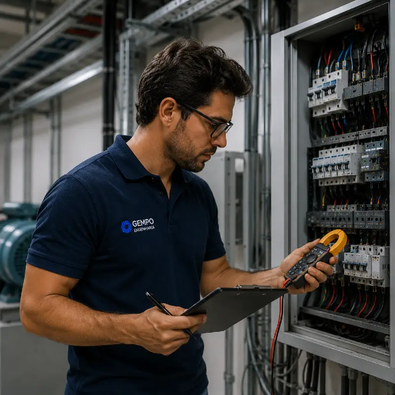 Técnico da Gempo conferindo quadro elétrico durante rotina de manutenção
